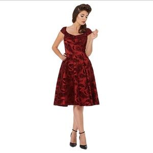 Voodoo Vixen Red burned out velvet retro style off the shoulder Midi Dress